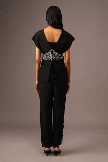 Shop_Vanshika Agarwal Label_Black Silk, Bamboo Cut Work, Beads, Sequins, Embroidery V-neck Overlay Pant Set _at_Aza_Fashions