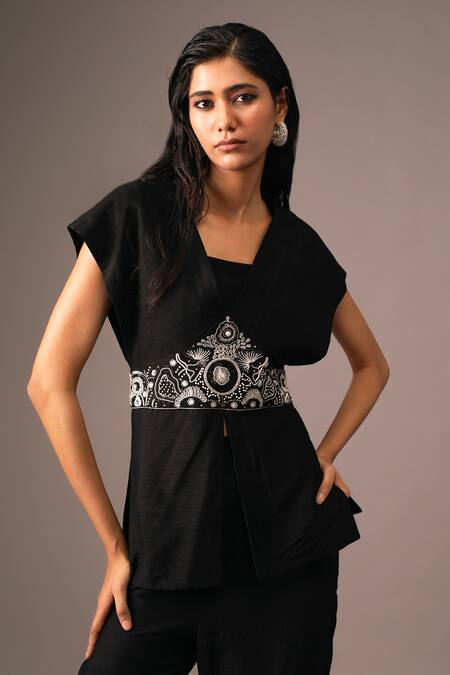 Buy_Vanshika Agarwal Label_Black Silk, Bamboo Cut Work, Beads, Sequins, Embroidery V-neck Overlay Pant Set _Online_at_Aza_Fashions