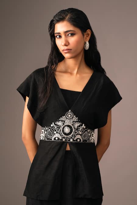 Shop_Vanshika Agarwal Label_Black Silk, Bamboo Cut Work, Beads, Sequins, Embroidery V-neck Overlay Pant Set _Online_at_Aza_Fashions