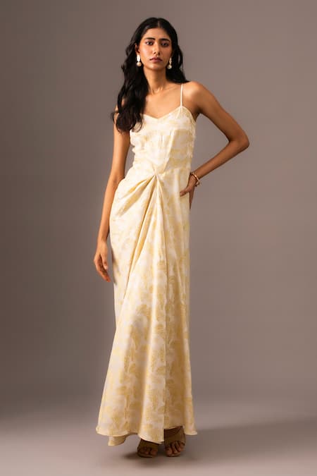 Vanshika Agarwal Label White Jacquard Woven Leaf V Neck Summer Draped Dress 