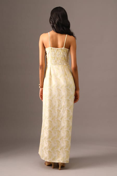 Shop_Vanshika Agarwal Label_White Jacquard Leaf V Neck Summer Woven Draped Dress _at_Aza_Fashions