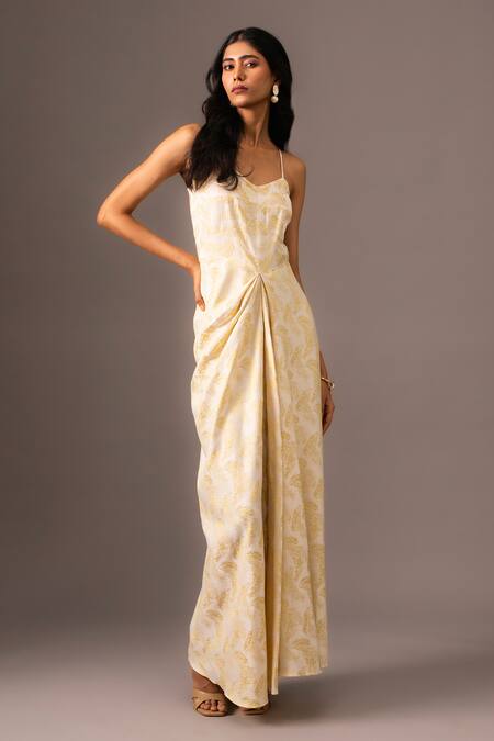 Vanshika Agarwal Label_White Jacquard Leaf V Neck Summer Woven Draped Dress _Online_at_Aza_Fashions