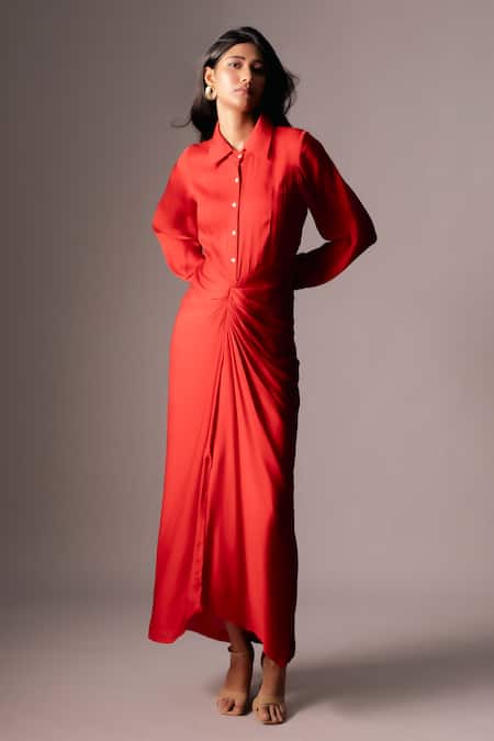 Vanshika Agarwal Label Red Satin Georgette Draped Midi Dress 