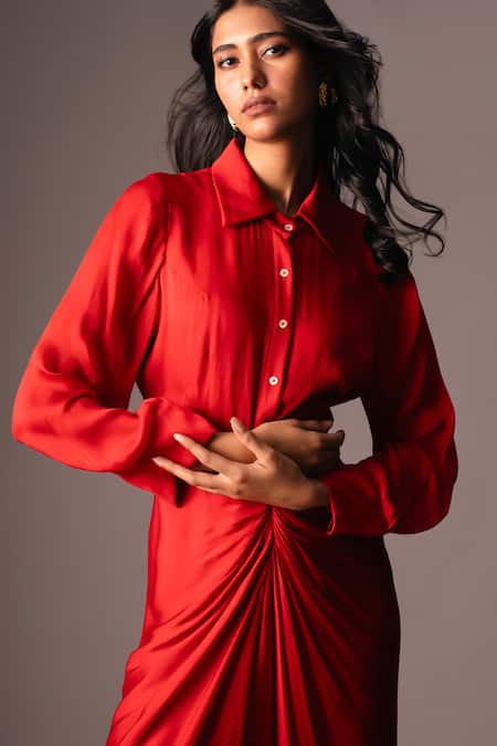 Vanshika Agarwal Label_Red Satin, Georgette Collared Draped Midi Dress _Online_at_Aza_Fashions