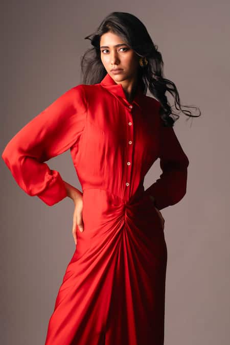 Buy_Vanshika Agarwal Label_Red Satin, Georgette Collared Draped Midi Dress _Online_at_Aza_Fashions