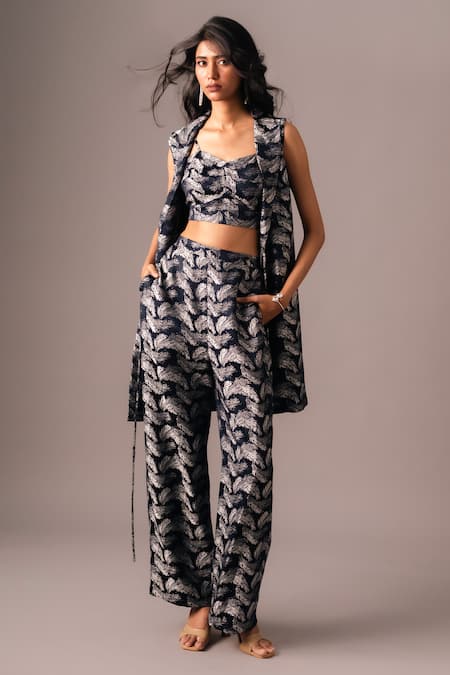 Vanshika Agarwal Label Blue Jacquard Woven Leaf Collar Jacket Pant Set 