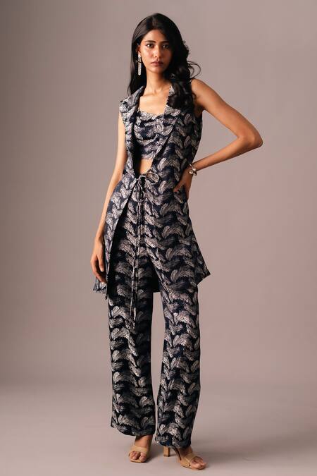 Vanshika Agarwal Label_Blue Jacquard Collared Leaf Woven Jacket Pant Set _Online_at_Aza_Fashions