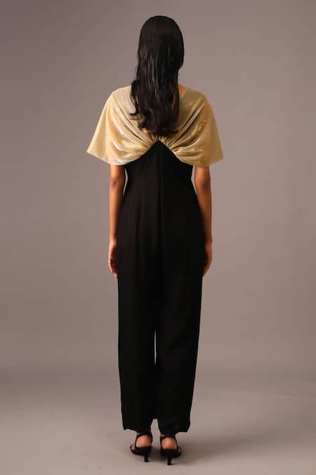 Vanshika Agarwal Label Gold & Black Colorblock Pleated Jumpsuit 