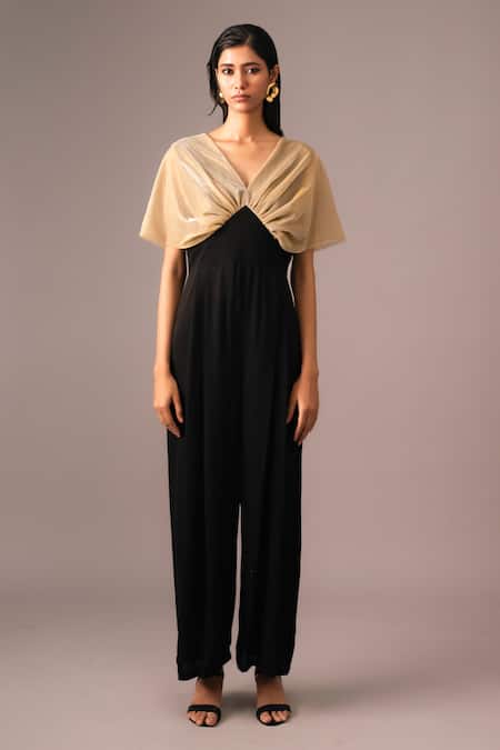Vanshika Agarwal Label_Black Georgette V-neck Gold And Colorblock Pleated Jumpsuit _Online_at_Aza_Fashions