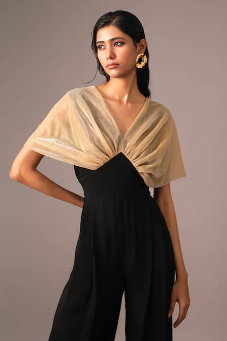 Buy_Vanshika Agarwal Label_Black Georgette V-neck Gold And Colorblock Pleated Jumpsuit _Online_at_Aza_Fashions