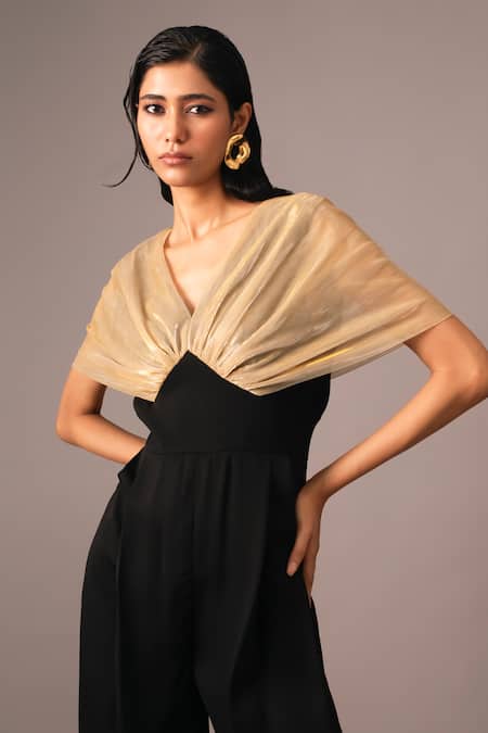 Shop_Vanshika Agarwal Label_Black Georgette V-neck Gold And Colorblock Pleated Jumpsuit _Online_at_Aza_Fashions