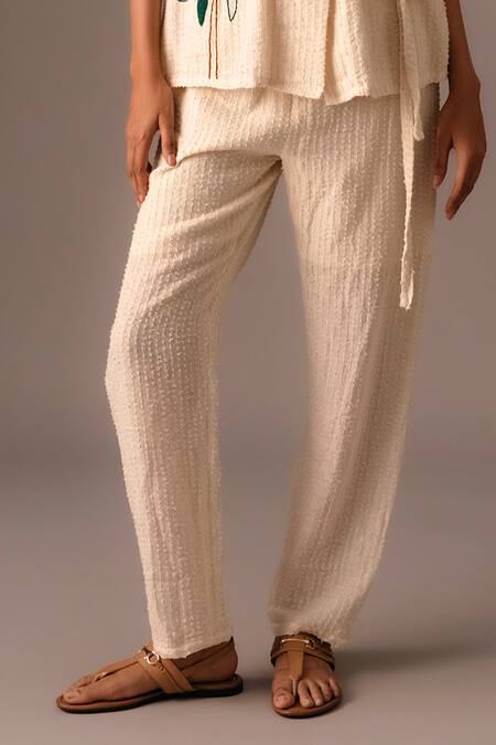 Vanshika Agarwal Label White Cotton Embroidery Open Neck Palm Jacket Pant Set Online at Aza Fashions Vanshika Agarwal Label_White Cotton Embroidery Open Neck Palm Jacket Pant Set _Online_at_Aza_Fashions