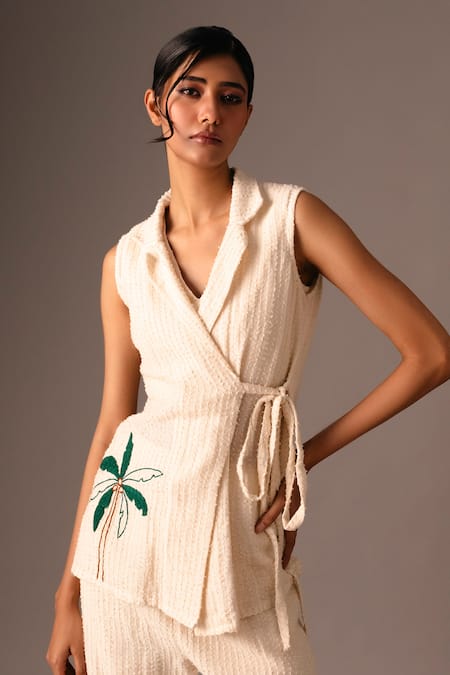 Shop_Vanshika Agarwal Label_White Cotton Embroidery Open Neck Palm Jacket Pant Set _Online_at_Aza_Fashions