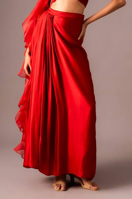 Vanshika Agarwal Label Red Satin Georgette Cutdana, Elara Embroidered Ruffle Top And Draped Skirt Set Online at Aza Fashions Vanshika Agarwal Label_Red Satin Georgette Cutdana, Elara Embroidered Ruffle Top And Draped Skirt Set _Online_at_Aza_Fashions