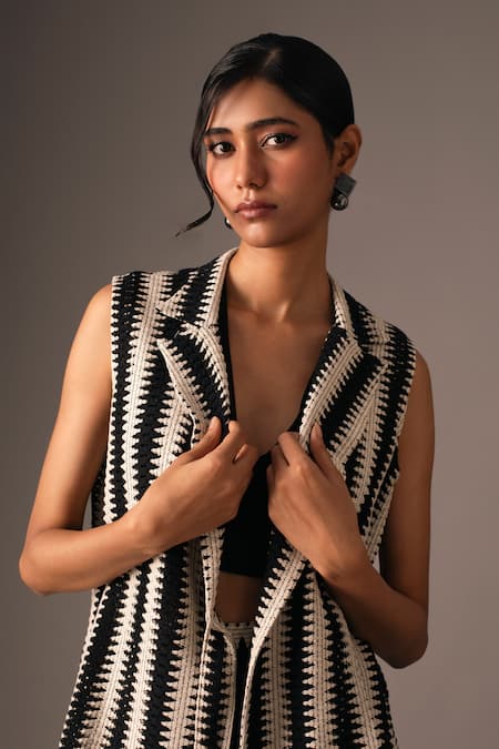 Shop_Vanshika Agarwal Label_Black Cotton Embroidery Collared Crochet Jacket Pant Set _Online_at_Aza_Fashions