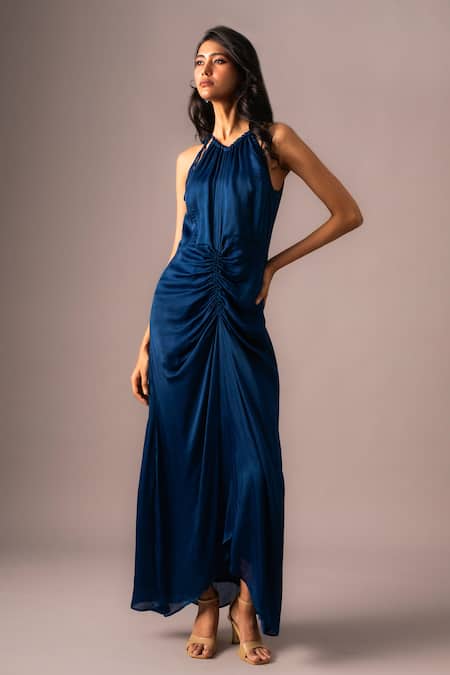 Vanshika Agarwal Label_Blue Satin, Georgette Halter Neck Draped Maxi Dress _Online_at_Aza_Fashions