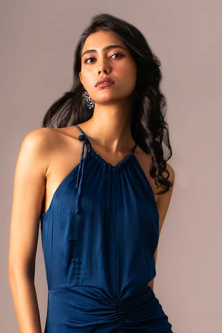 Shop Vanshika Agarwal Label Blue Satin, Georgette Halter Neck Draped Maxi Dress Online at Aza Fashions Shop_Vanshika Agarwal Label_Blue Satin, Georgette Halter Neck Draped Maxi Dress _Online_at_Aza_Fashions