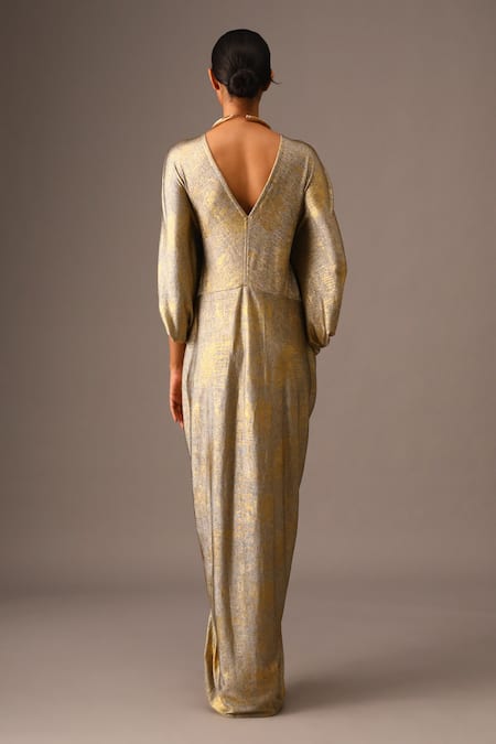 Shop_Vanshika Agarwal Label_Gold Plunge Neck Metallic Ruched Kaftan _at_Aza_Fashions