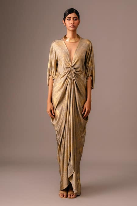 Vanshika Agarwal Label_Gold Plunge Neck Metallic Ruched Kaftan _Online_at_Aza_Fashions