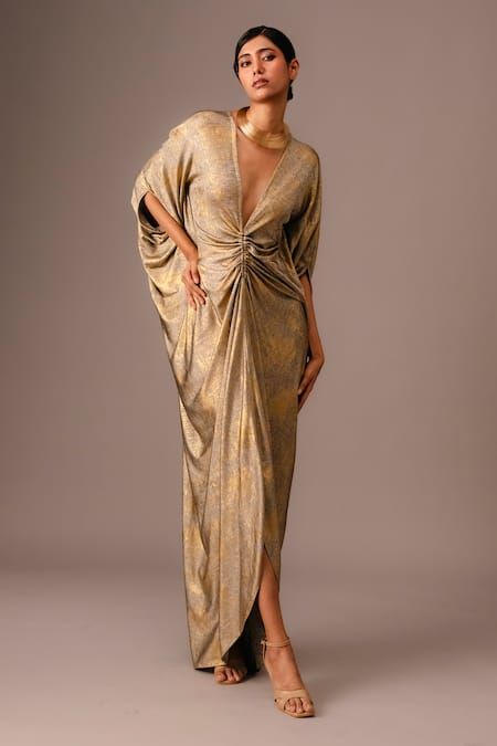 Buy_Vanshika Agarwal Label_Gold Plunge Neck Metallic Ruched Kaftan _Online_at_Aza_Fashions