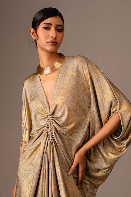 Shop_Vanshika Agarwal Label_Gold Plunge Neck Metallic Ruched Kaftan _Online_at_Aza_Fashions