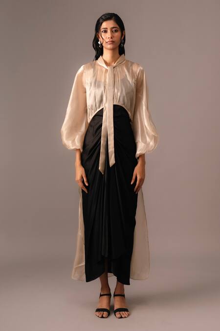 Buy_Vanshika Agarwal Label_Black Satin, Organza Collared Draped Dress With Overlay _Online_at_Aza_Fashions