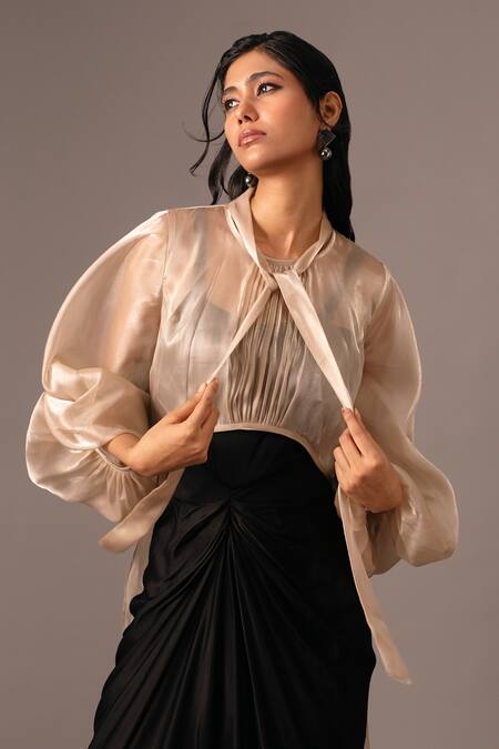 Shop_Vanshika Agarwal Label_Black Satin, Organza Collared Draped Dress With Overlay _Online_at_Aza_Fashions