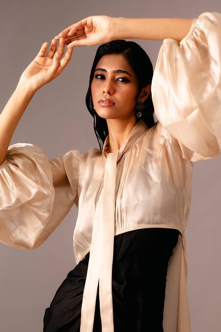 Vanshika Agarwal Label_Black Satin, Organza Collared Draped Dress With Overlay _at_Aza_Fashions