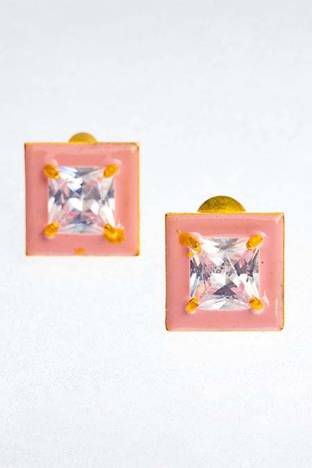 Shop Zaza By Somya Pink Zari Blushing Petal Enamelled Zircon Studs at Aza Fashions Shop_Zaza By Somya_Pink Zari Blushing Petal Enamelled Zircon Studs _at_Aza_Fashions