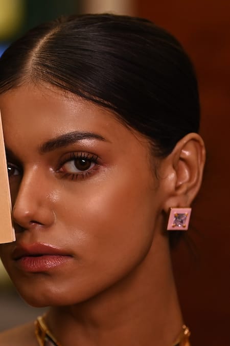 Zaza By Somya_Pink Zari Blushing Petal Enamelled Zircon Studs _Online_at_Aza_Fashions