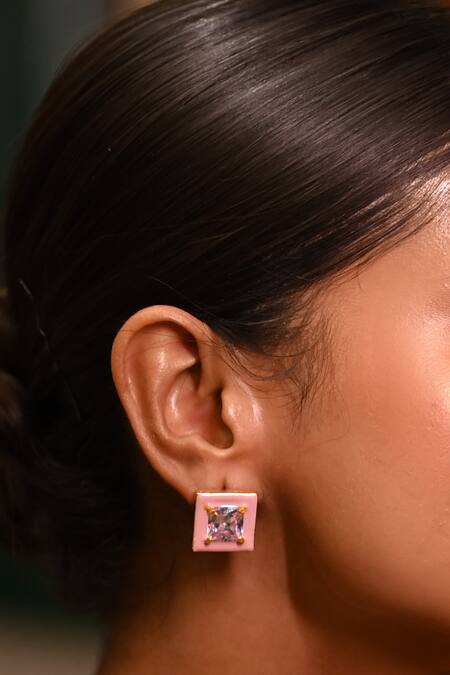 Buy_Zaza By Somya_Pink Zari Blushing Petal Enamelled Zircon Studs _Online_at_Aza_Fashions