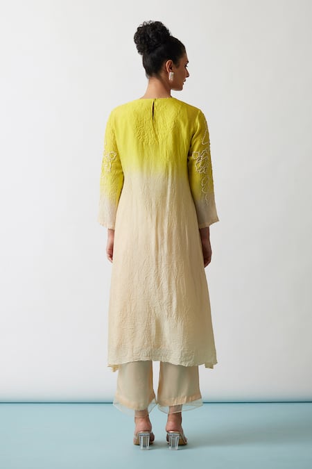 Shop One Not Two Yellow Viscose, Silk, Modal, Satin Embroidery Hand A-line Kurta And Pant Set at Aza Fashions Shop_One Not Two_Yellow Viscose, Silk, Modal, Satin Embroidery Hand A-line Kurta And Pant Set _at_Aza_Fashions