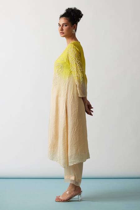 Shop One Not Two Yellow Viscose, Silk, Modal, Satin Embroidery Hand A-line Kurta And Pant Set Online at Aza Fashions Shop_One Not Two_Yellow Viscose, Silk, Modal, Satin Embroidery Hand A-line Kurta And Pant Set _Online_at_Aza_Fashions