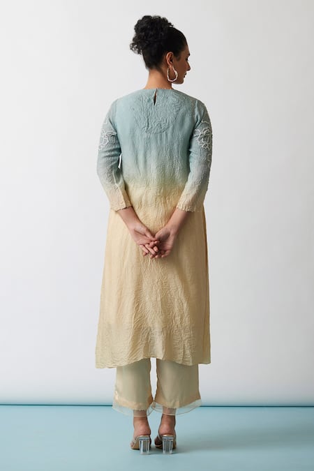 Shop One Not Two Blue Viscose, Silk, Modal, Satin Sequins, Embroidered A-line Kurta And Pant Set at Aza Fashions Shop_One Not Two_Blue Viscose, Silk, Modal, Satin Sequins, Embroidered A-line Kurta And Pant Set _at_Aza_Fashions