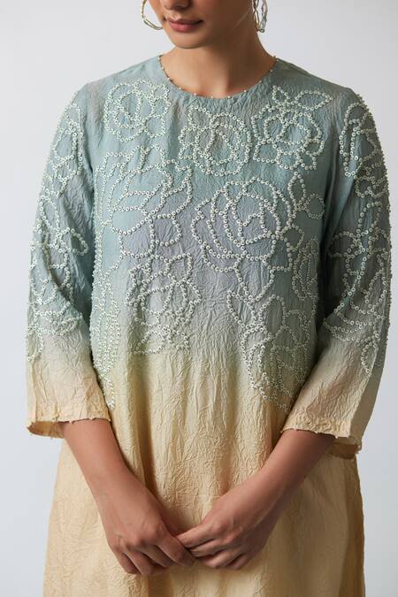 One Not Two Blue Viscose, Silk, Modal, Satin Sequins, Embroidered A-line Kurta And Pant Set Online at Aza Fashions One Not Two_Blue Viscose, Silk, Modal, Satin Sequins, Embroidered A-line Kurta And Pant Set _Online_at_Aza_Fashions