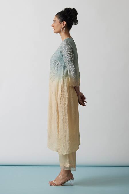 Shop One Not Two Blue Viscose, Silk, Modal, Satin Sequins, Embroidered A-line Kurta And Pant Set Online at Aza Fashions Shop_One Not Two_Blue Viscose, Silk, Modal, Satin Sequins, Embroidered A-line Kurta And Pant Set _Online_at_Aza_Fashions