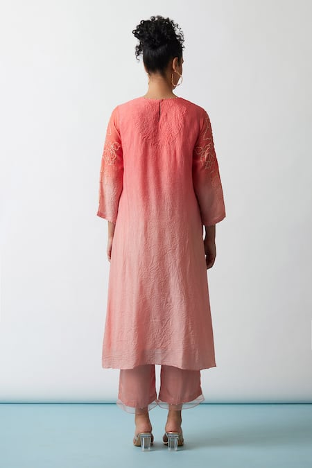 Shop One Not Two Orange Viscose, Silk, Modal, Satin Hand Asymmetric A-line Kurta And Pant Set at Aza Fashions Shop_One Not Two_Orange Viscose, Silk, Modal, Satin Hand Asymmetric A-line Kurta And Pant Set _at_Aza_Fashions