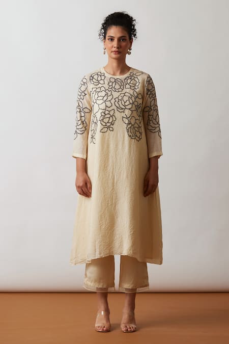 Shop One Not Two Off White Viscose, Silk, Modal, Satin Asymmetric A-line Kurta And Pant Set at Aza Fashions Shop_One Not Two_Off White Viscose, Silk, Modal, Satin Asymmetric A-line Kurta And Pant Set _at_Aza_Fashions