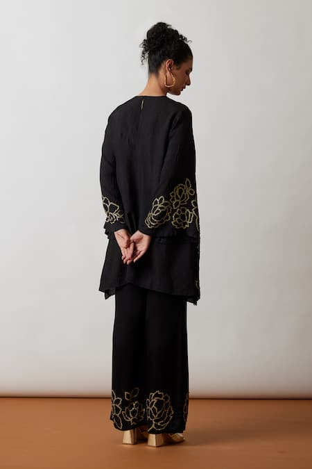 Shop One Not Two Black Viscose, Silk, Modal, Satin Hand Embroidered A-line Short Kurta And Pant Set at Aza Fashions Shop_One Not Two_Black Viscose, Silk, Modal, Satin Hand Embroidered A-line Short Kurta And Pant Set _at_Aza_Fashions