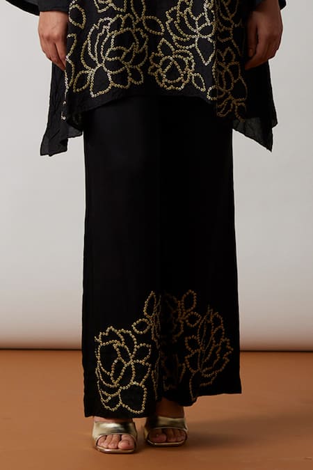 One Not Two Black Viscose, Silk, Modal, Satin Hand Embroidered A-line Short Kurta And Pant Set Online at Aza Fashions One Not Two_Black Viscose, Silk, Modal, Satin Hand Embroidered A-line Short Kurta And Pant Set _Online_at_Aza_Fashions