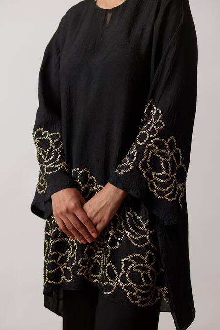 Buy One Not Two Black Viscose, Silk, Modal, Satin Hand Embroidered A-line Short Kurta And Pant Set Online at Aza Fashions Buy_One Not Two_Black Viscose, Silk, Modal, Satin Hand Embroidered A-line Short Kurta And Pant Set _Online_at_Aza_Fashions
