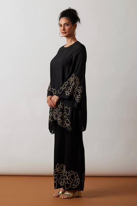 Shop One Not Two Black Viscose, Silk, Modal, Satin Hand Embroidered A-line Short Kurta And Pant Set Online at Aza Fashions Shop_One Not Two_Black Viscose, Silk, Modal, Satin Hand Embroidered A-line Short Kurta And Pant Set _Online_at_Aza_Fashions