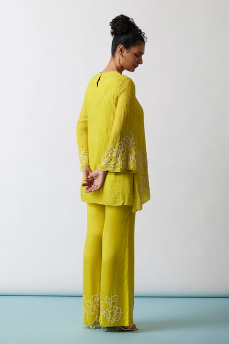 Shop One Not Two Yellow Viscose, Silk, Modal, Satin Embroidery, A-line Short Kurta And Pant Set at Aza Fashions Shop_One Not Two_Yellow Viscose, Silk, Modal, Satin Embroidery, A-line Short Kurta And Pant Set _at_Aza_Fashions
