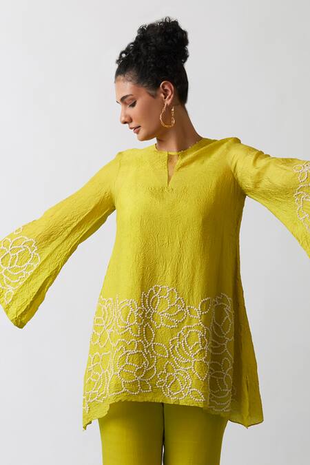 One Not Two Yellow Viscose, Silk, Modal, Satin Embroidery, A-line Short Kurta And Pant Set Online at Aza Fashions One Not Two_Yellow Viscose, Silk, Modal, Satin Embroidery, A-line Short Kurta And Pant Set _Online_at_Aza_Fashions