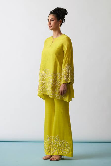 Buy One Not Two Yellow Viscose, Silk, Modal, Satin Embroidery, A-line Short Kurta And Pant Set Online at Aza Fashions Buy_One Not Two_Yellow Viscose, Silk, Modal, Satin Embroidery, A-line Short Kurta And Pant Set _Online_at_Aza_Fashions