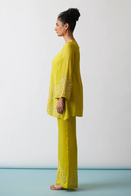 Shop One Not Two Yellow Viscose, Silk, Modal, Satin Embroidery, A-line Short Kurta And Pant Set Online at Aza Fashions Shop_One Not Two_Yellow Viscose, Silk, Modal, Satin Embroidery, A-line Short Kurta And Pant Set _Online_at_Aza_Fashions