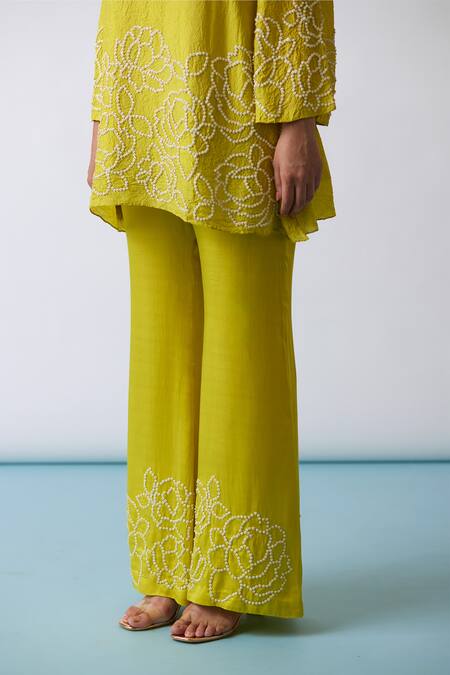 One Not Two Yellow Viscose, Silk, Modal, Satin Embroidery, A-line Short Kurta And Pant Set at Aza Fashions One Not Two_Yellow Viscose, Silk, Modal, Satin Embroidery, A-line Short Kurta And Pant Set _at_Aza_Fashions