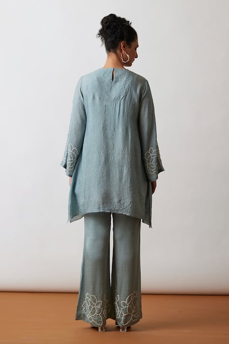 Shop One Not Two Blue Viscose, Silk, Modal, Satin Embroidery, Hand Work A-line Kurta And Pant Set at Aza Fashions Shop_One Not Two_Blue Viscose, Silk, Modal, Satin Embroidery, Hand Work A-line Kurta And Pant Set _at_Aza_Fashions
