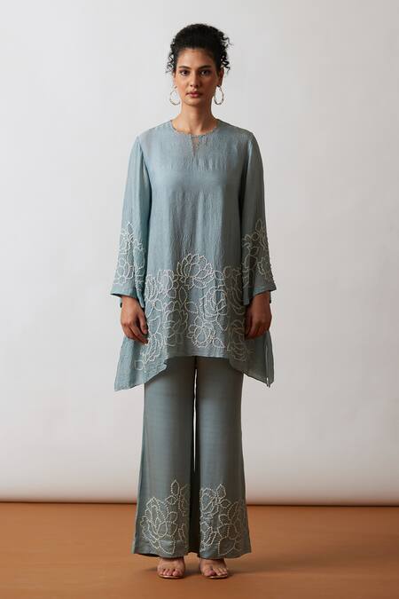 One Not Two Blue Viscose, Silk, Modal, Satin Embroidery, Hand Work A-line Kurta And Pant Set Online at Aza Fashions One Not Two_Blue Viscose, Silk, Modal, Satin Embroidery, Hand Work A-line Kurta And Pant Set _Online_at_Aza_Fashions