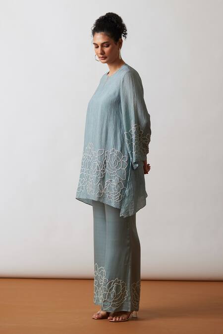 Shop One Not Two Blue Viscose, Silk, Modal, Satin Embroidery, Hand Work A-line Kurta And Pant Set Online at Aza Fashions Shop_One Not Two_Blue Viscose, Silk, Modal, Satin Embroidery, Hand Work A-line Kurta And Pant Set _Online_at_Aza_Fashions